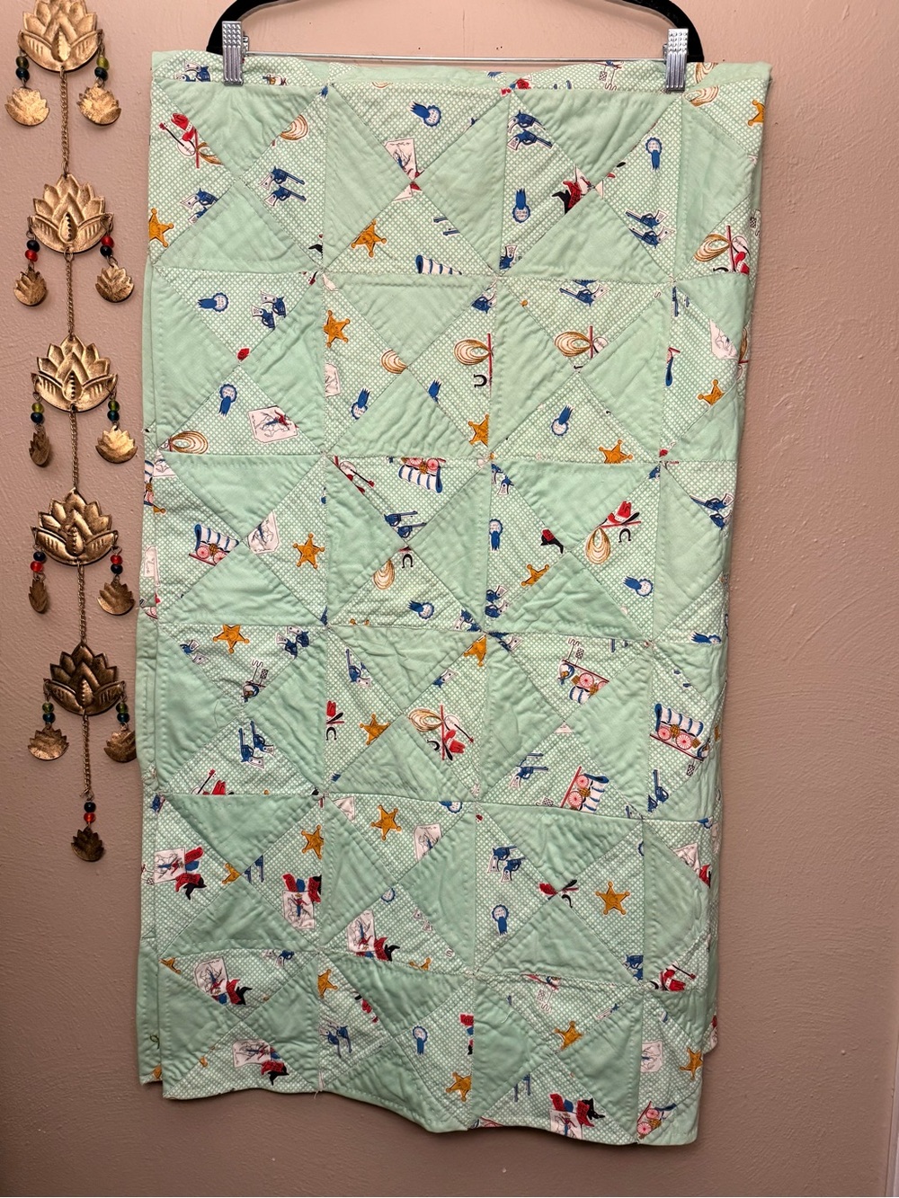 Handmade Western Sheriff Motif Mint Green Half-Square Triangle Patchwork Quilt